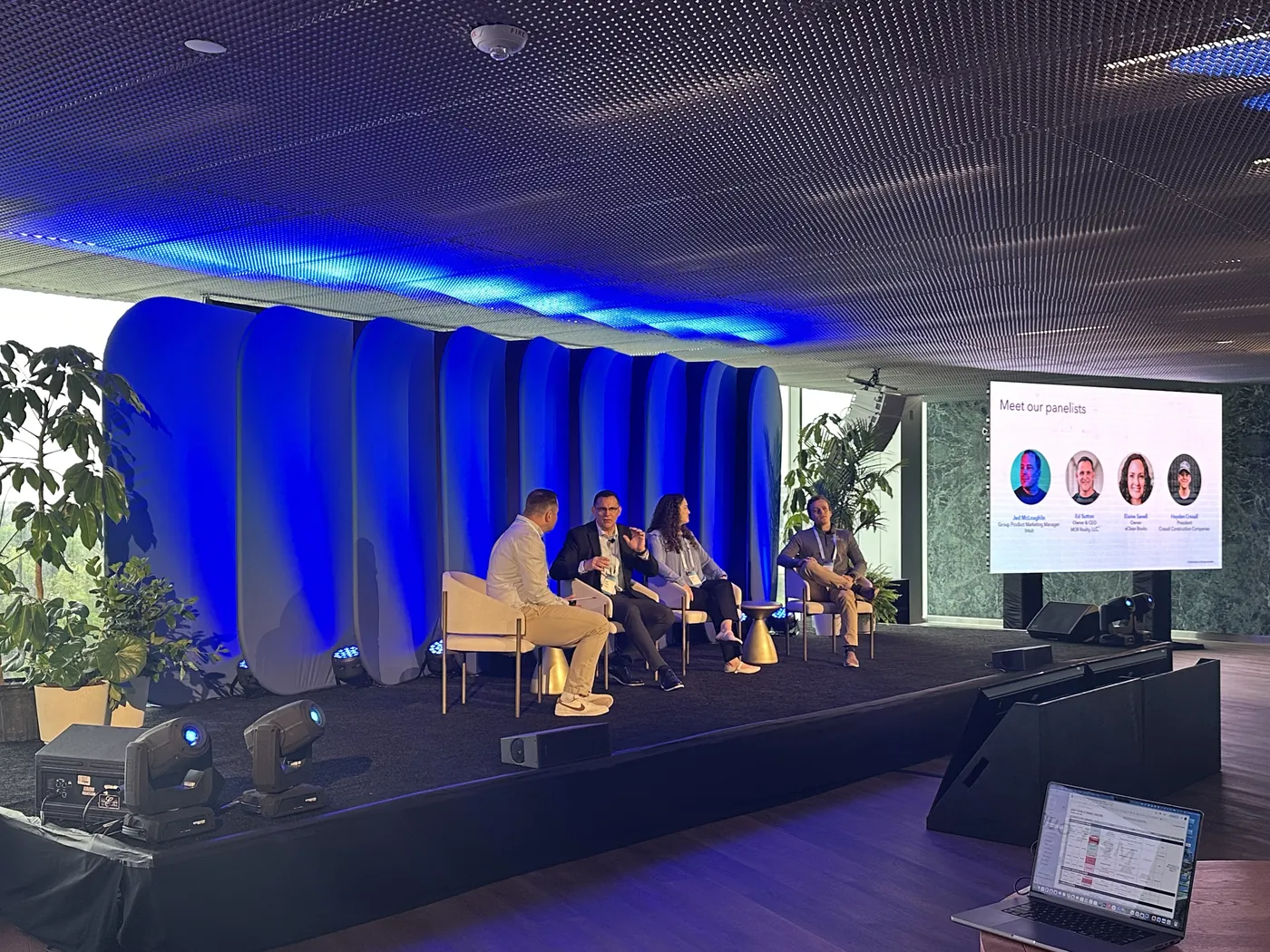 Corporate panel event at POST Houston with stage lighting, LED screen and audio by Tech Base